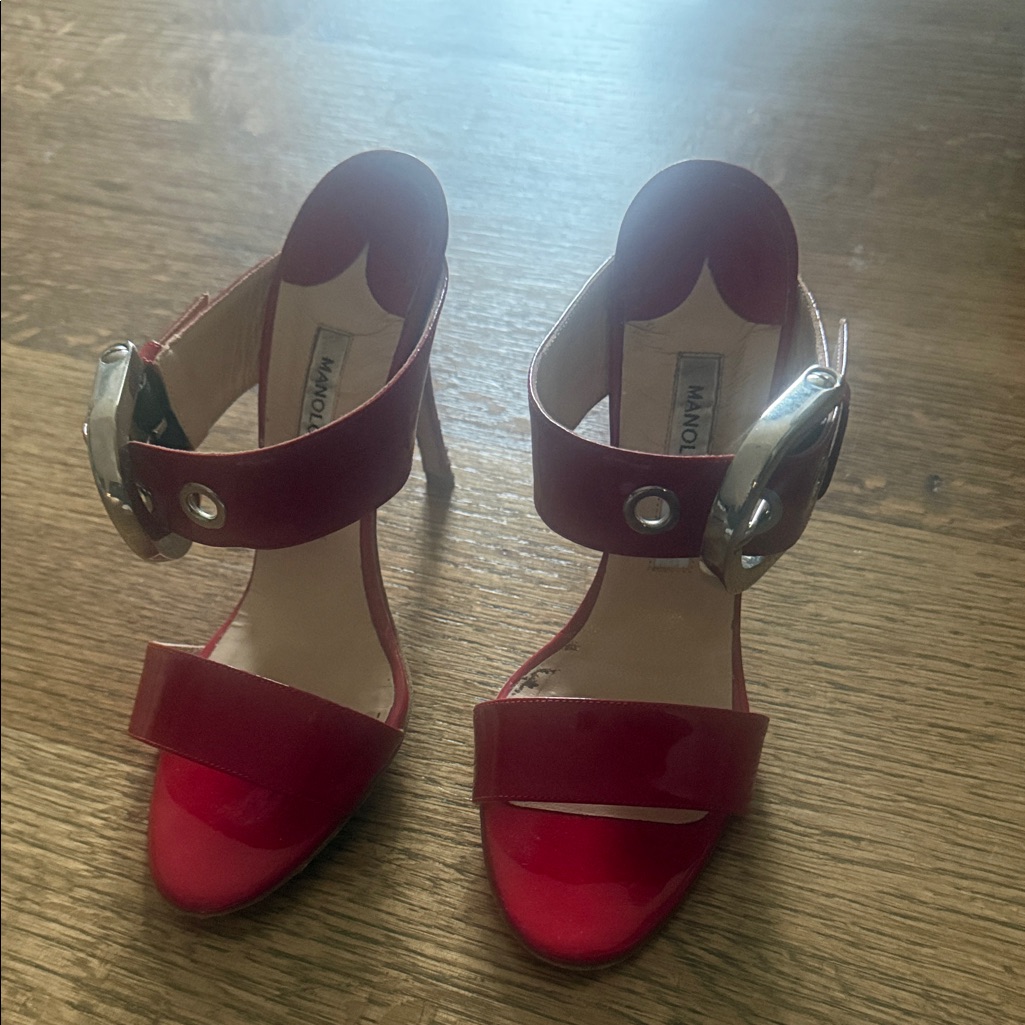 Manolo Blahnik Red Patent Leather Ankle-Strap Heels With Oversized Buckles